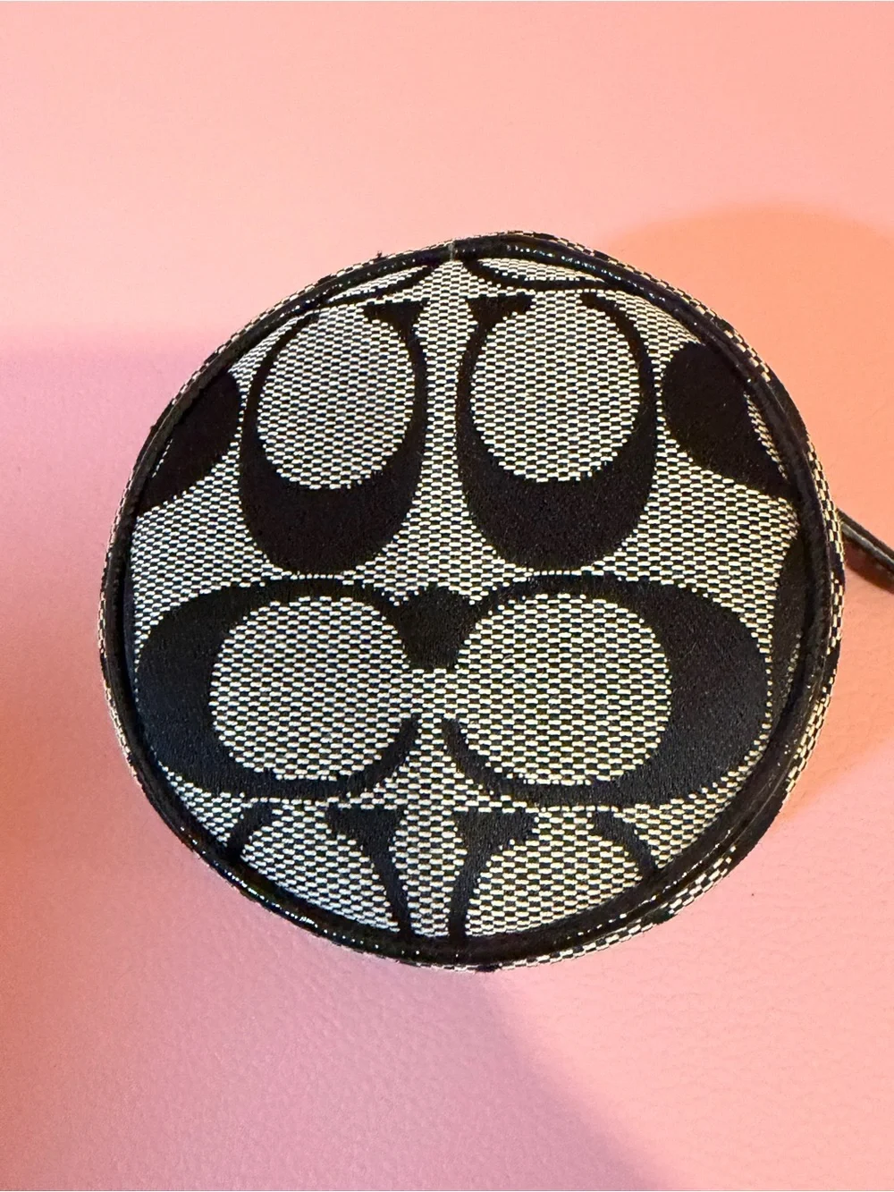 Coach Black & Cream Patterned Round Jewelry Case